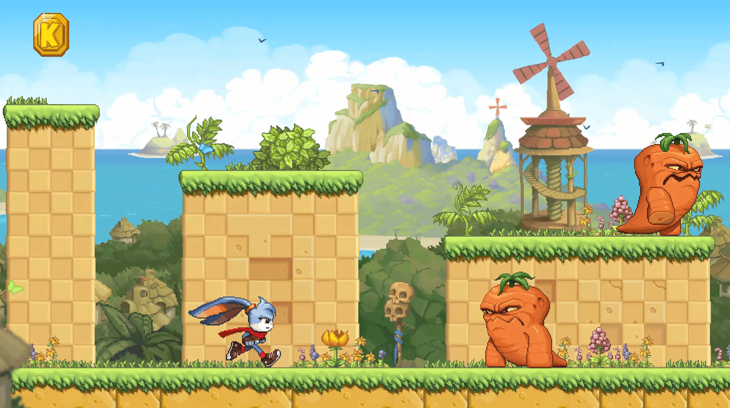 A screenshot from a 2D platformer game shows a blue anthropomorphic rabbit character running toward a large, angry orange carrot creature. The level features grassy platforms, a windmill, tropical islands in the background, and a coin labeled "K" in the top left corner, highlighting the vibrant world of cloud gaming.