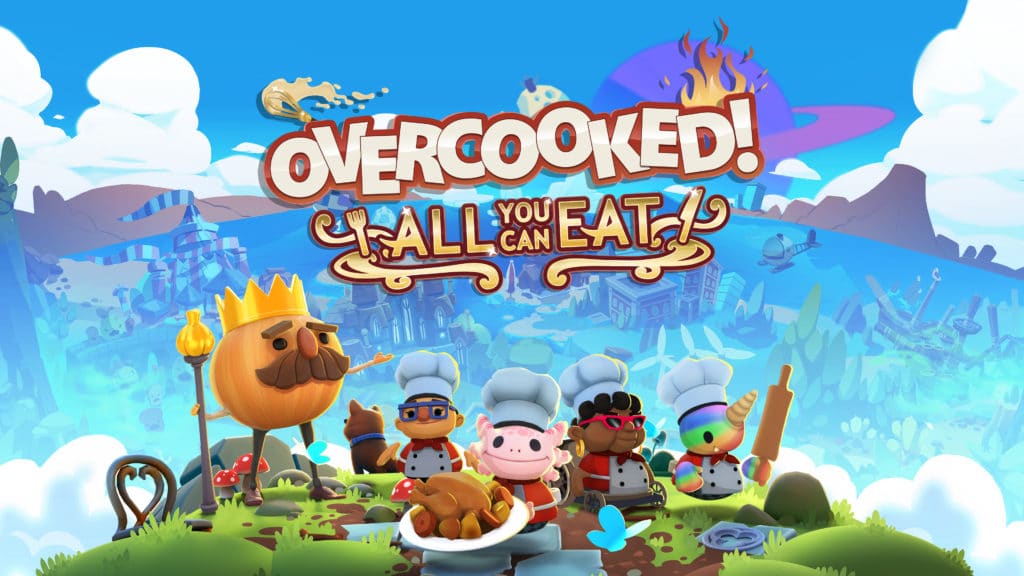Colorful characters in chef outfits, holding cooking utensils, with "Overcooked! All You Can Eat" game title above them, make a delightful scene perfect for Cloud Gaming.