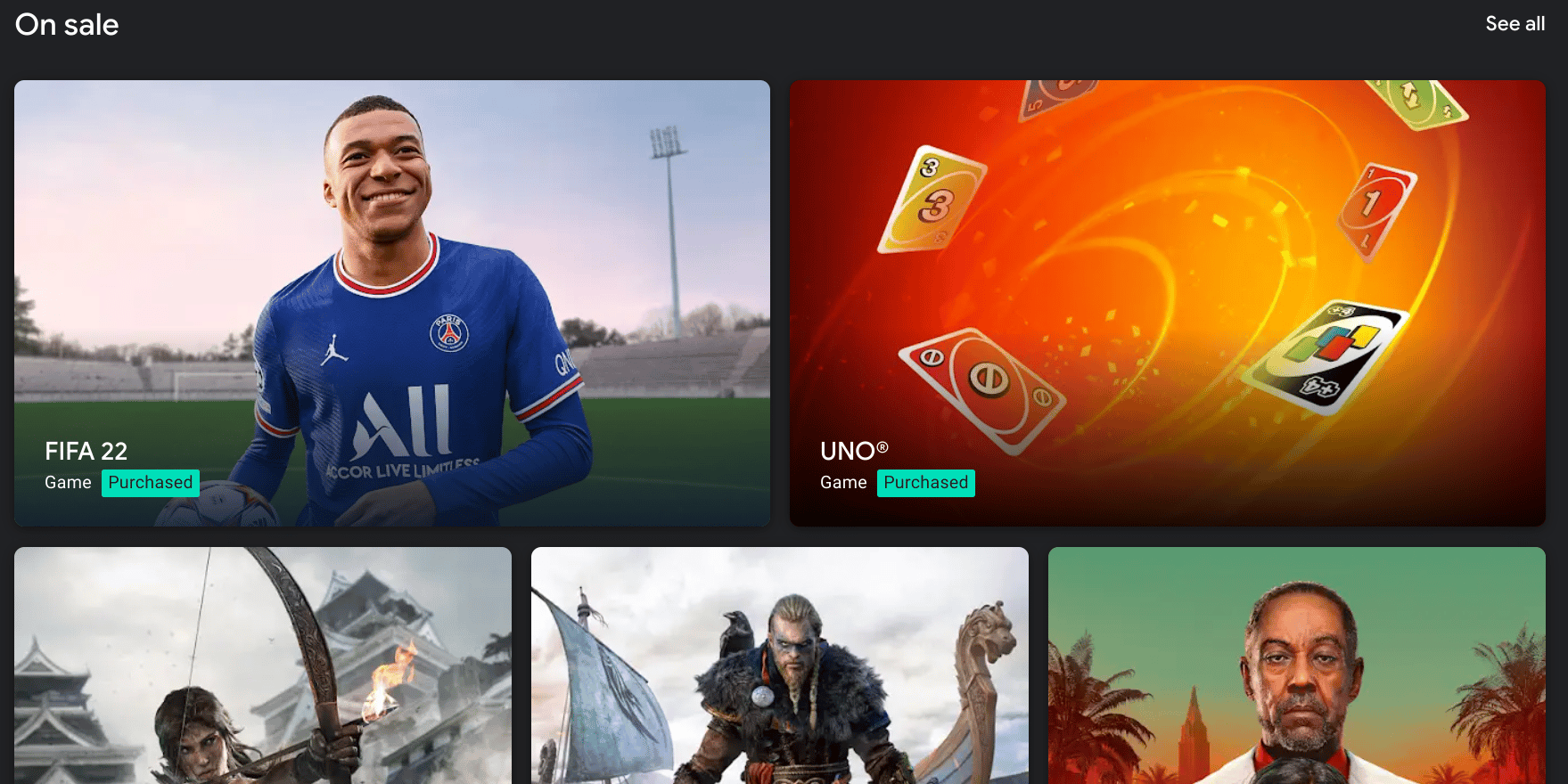 A cloud gaming platform featuring on-sale games like FIFA 22, UNO, Ghost of Tsushima, Assassin's Creed Valhalla, and Far Cry 6.