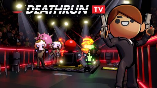 Cartoon characters in a game show setting with an audience, neon lights, and "DEATHRUN TV" logo at the top. Through the magic of cloud gaming, players can join the action from anywhere, making it a thrilling experience for viewers and participants alike.
