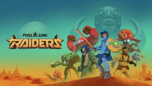 Video game characters in futuristic armor stand ready on a colorful alien landscape, highlighted by the bold PixelJunk Raiders logo.