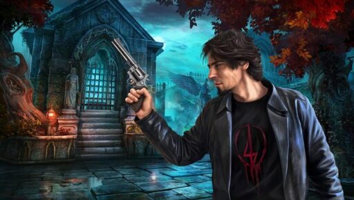 A man in a black leather jacket holding a revolver stands in a gothic courtyard with statues and a large gate, as if guarding the entrance to an ominous realm resembling the landscapes in cloud gaming worlds.