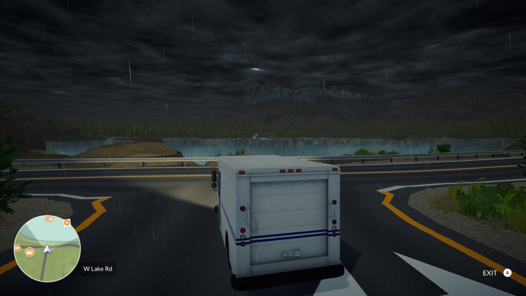 Postal van at a T-Junction in a thunderstorm