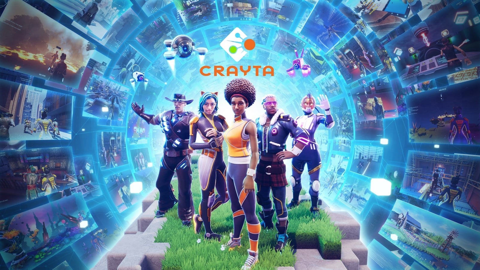 Crayta artwork picturing a group of avatars with a varied set of games in the background.