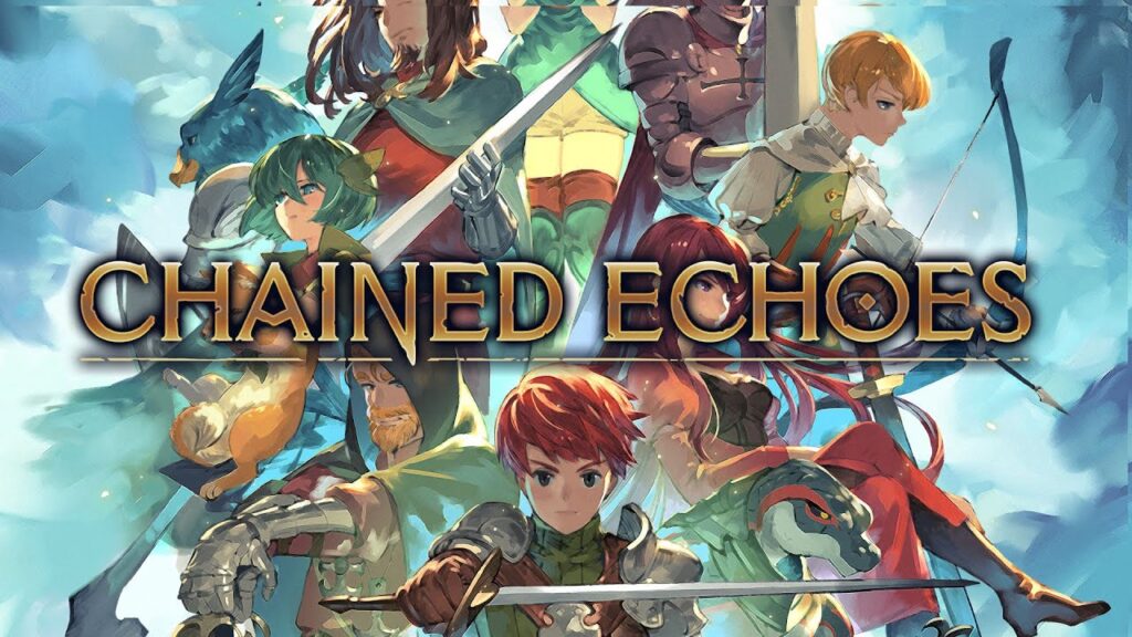 Chained Echoes Title screen with the characters in the background