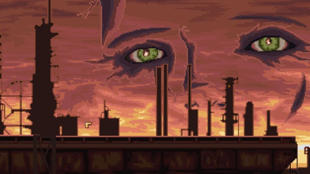 Norco game image. A face blended into an industrial panorama