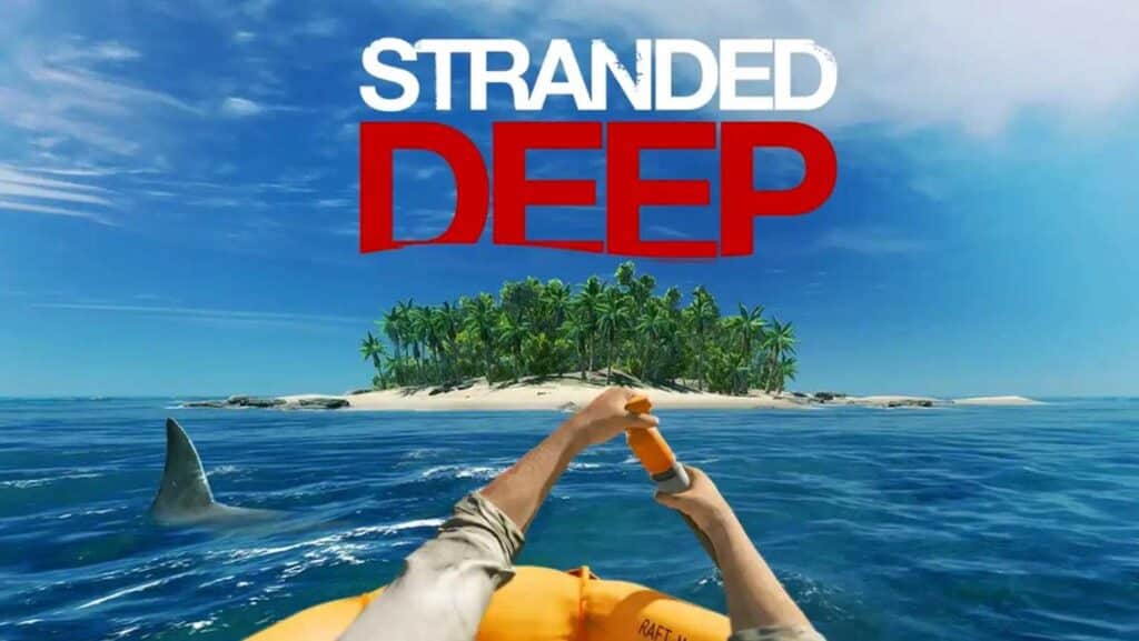 Stranded Deep Title Page. A man is in a raft paddling to an island in the distance. A shark fin is off to the left.