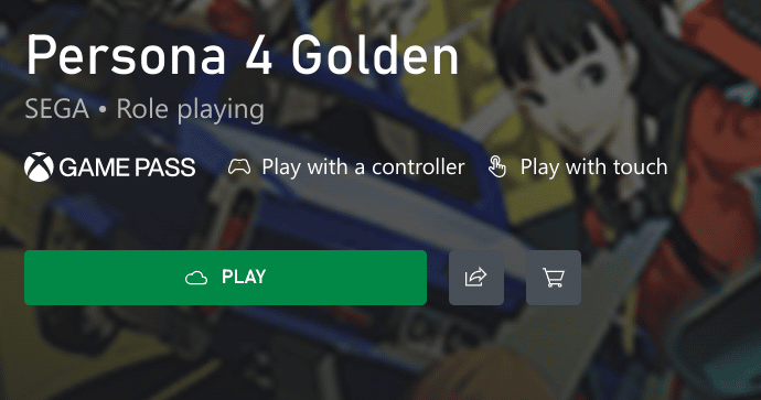 Screen capture of the Persona 4 Golden page on Xbox Cloud Gaming that shows "Play with touch" being enabled.