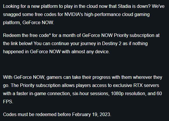 Email text from Bungie talking about Destiny 2 on GeForce NOW
