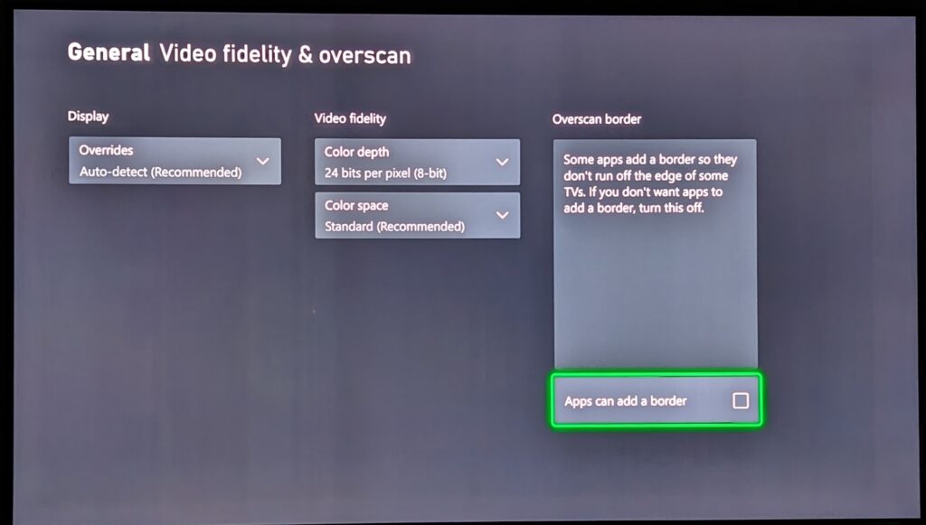 Xbox Settings General General Video Fidelity & Overscan