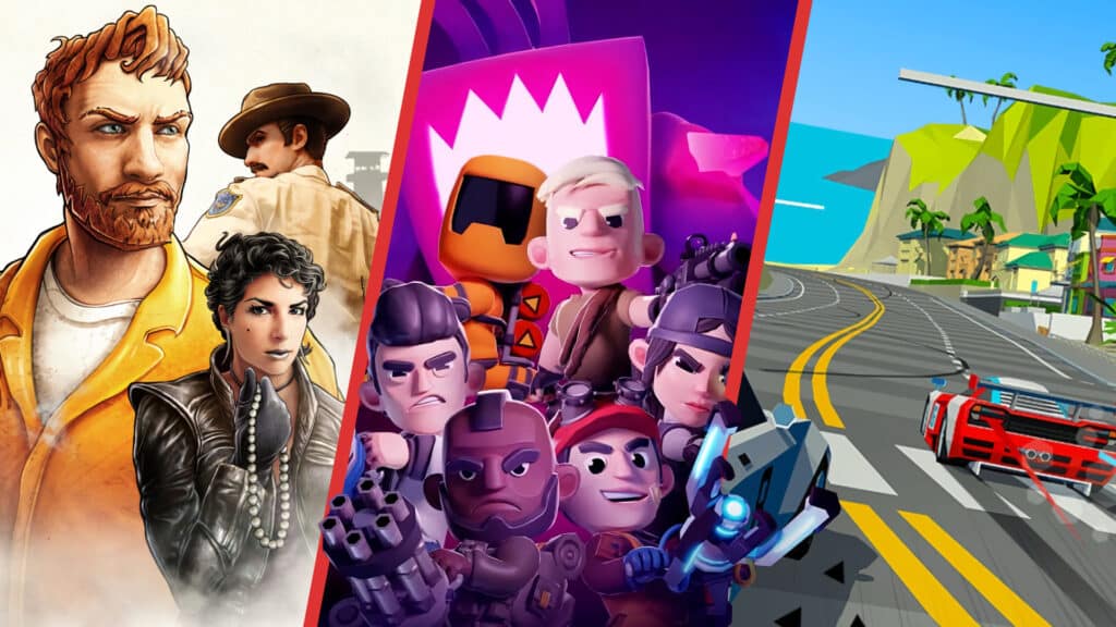 Split image showing Curve Games on Blacknut illustrated characters, cartoon fighters, and a sports car speeding along a winding road.