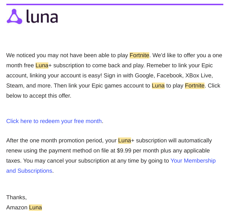 Amazon Luna Oops Email