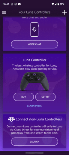 Options on Luna controller app Showing Cloud Direct Option