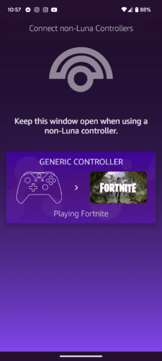 Luna controller app showing controller is connected