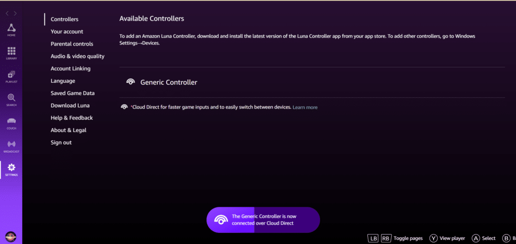 Connected controllers shown on the settings page
