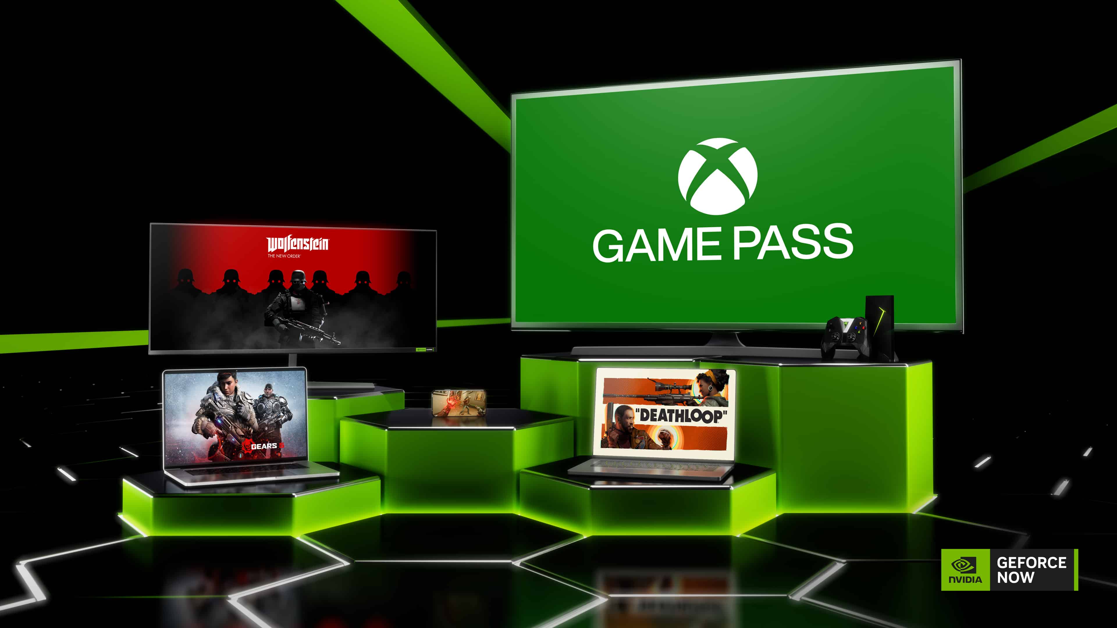 GFN Thursday Xbox Game Pass Marketing Image - Various gaming devices displaying Xbox Game Pass games, including "Wolfenstein" and "Deathloop," with the GFN Xbox Game Pass logo.