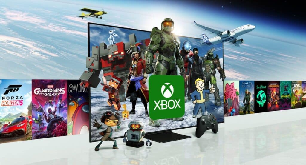 A TV screen showcasing Xbox characters and games, surrounded by animated figures, a plane, and various game titles, highlights the excitement of Xbox Game Pass plans.