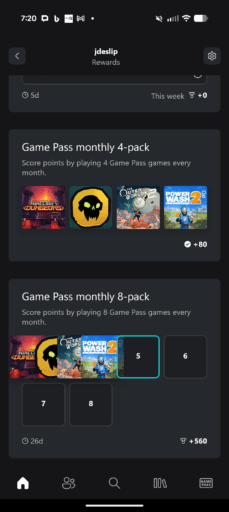 Screenshot of Xbox Monthly 4-Pack and 8-Pack Rewards