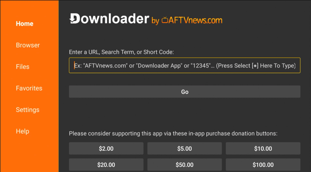 Downloader App main screen