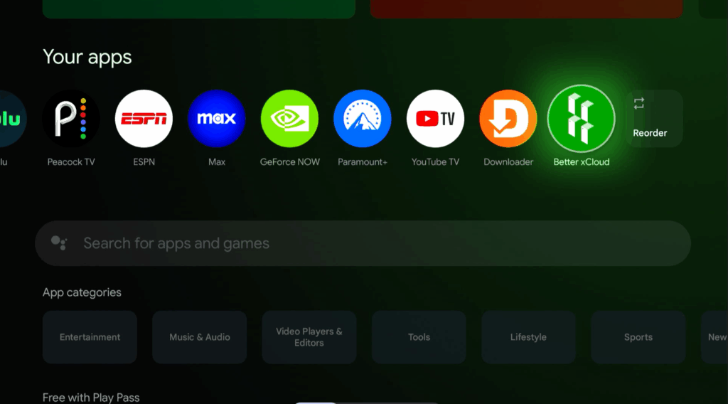Android "Your Apps" list with Downloader and Better xCloud apps shown.