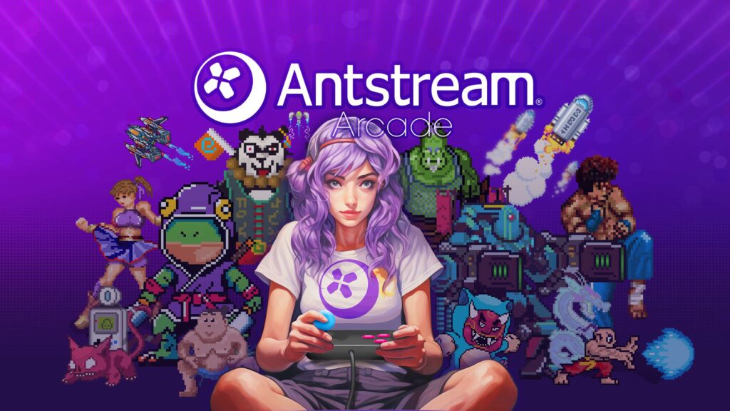 Antstream Arcade Banner - A purple-haired girl is immersed in some retro gaming on Antstream Arcade, with various pixel-art game characters from classic NES titles in the background.