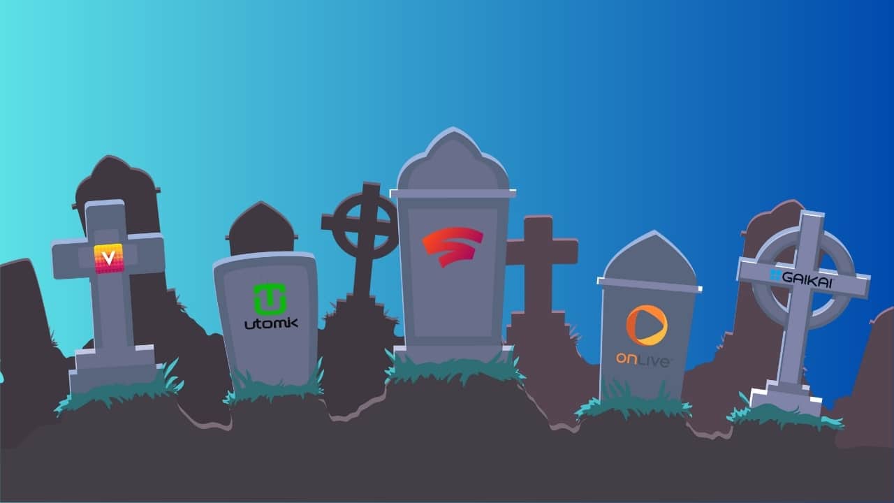 Cloud Gaming Graveyard - with Dead Services Marked on Grave Stones