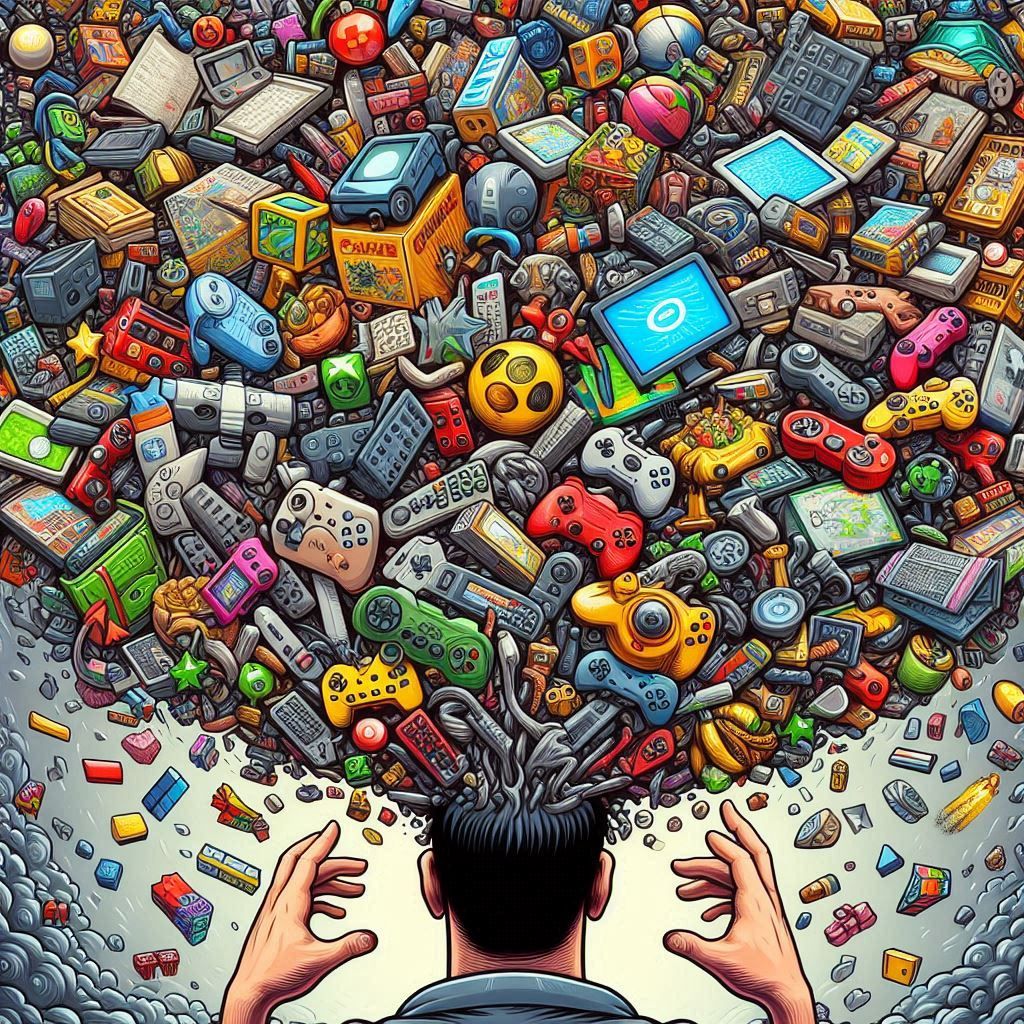 A person with an overwhelming explosion of retro video game consoles, controllers, and cartridges emerging from their head.