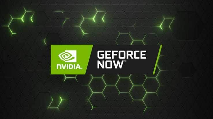 NVIDIA GeForce NOW logo on a hexagonal, green and black background with glowing green lines and shapes.