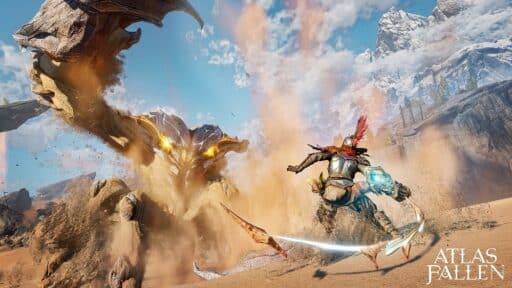 Atlas Fallen Game Banner - A warrior battles a giant, rock-like monster in a desert scene from the video game "Atlas Fallen," showcasing gritty and intense action.