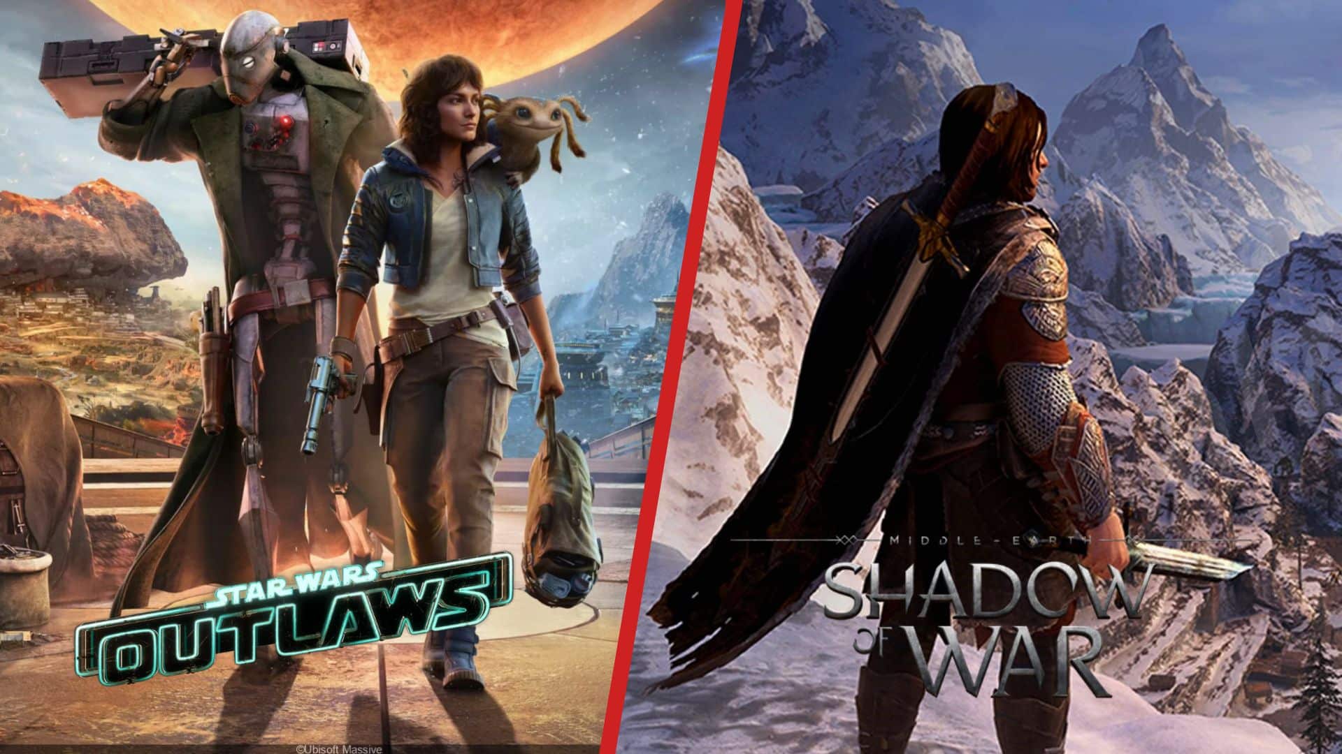 Split image: Star Wars Outlaws characters, including Luna, on the left; Middle-earth: Shadow of War character overlooking snow-capped mountains on the right.