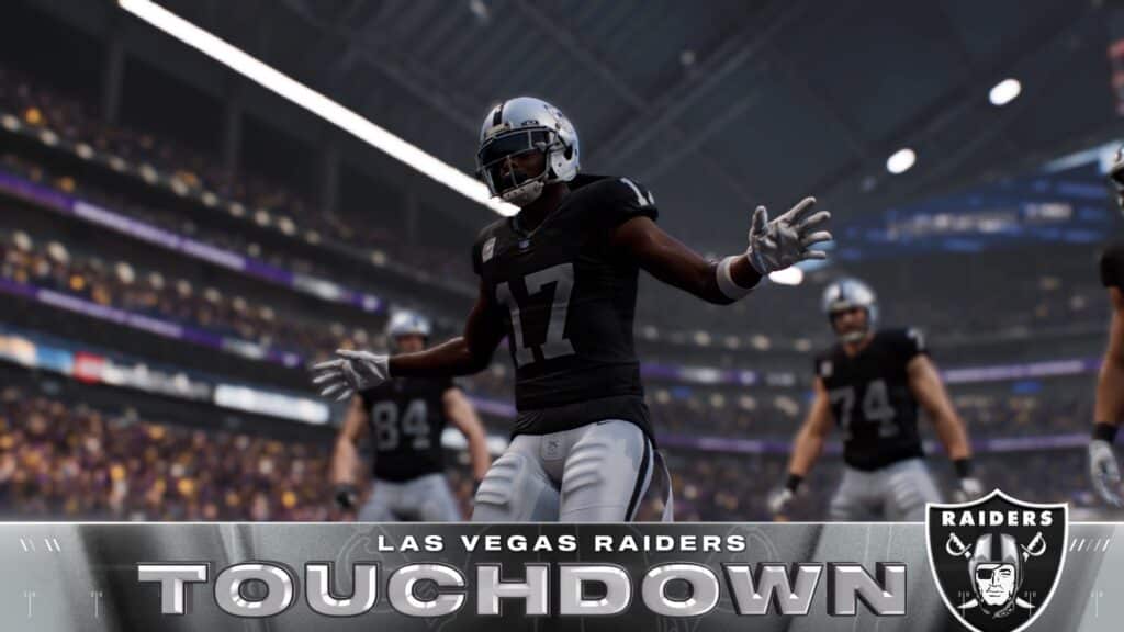 Madden Capture - A football player in a Las Vegas Raiders uniform celebrates a touchdown in a stadium. Text: "Las Vegas Raiders Touchdown.