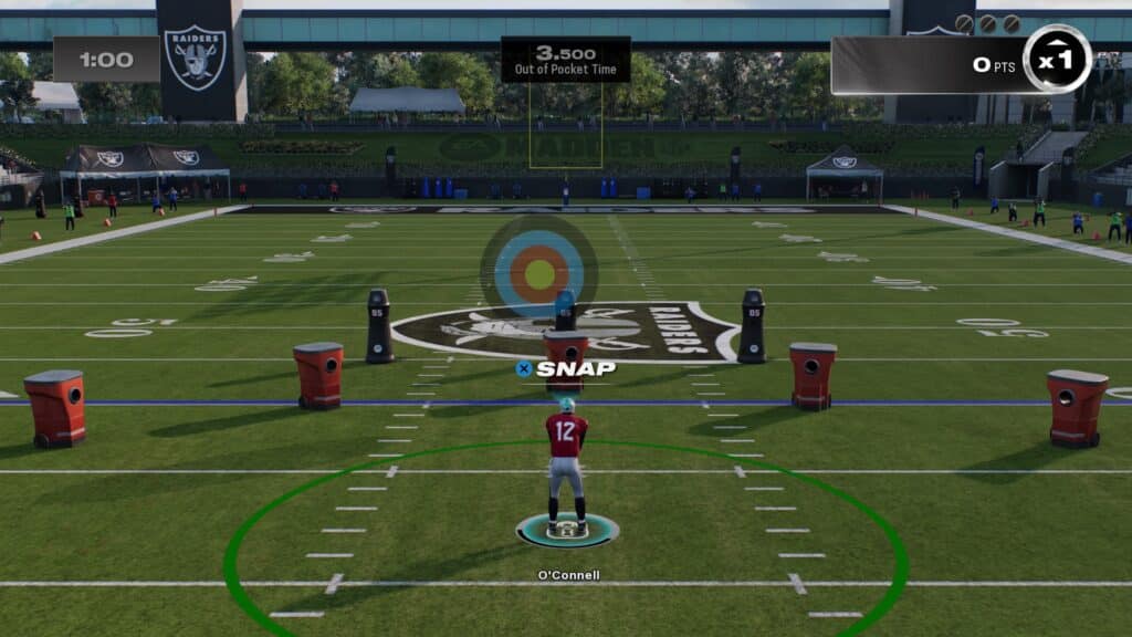 Madden 25 Capture - showing a player named O'Connell ready to snap on a practice field with targets and timers, reminiscent of the detailed training modes praised in Madden NFL 25