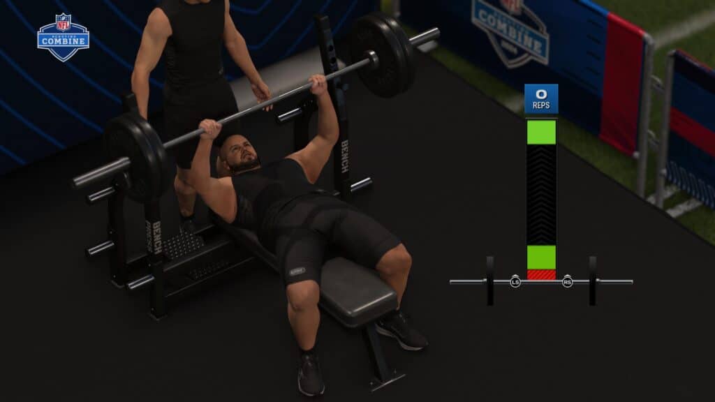 Madden 25 Capture - A player is bench pressing weights with a spotter standing behind them