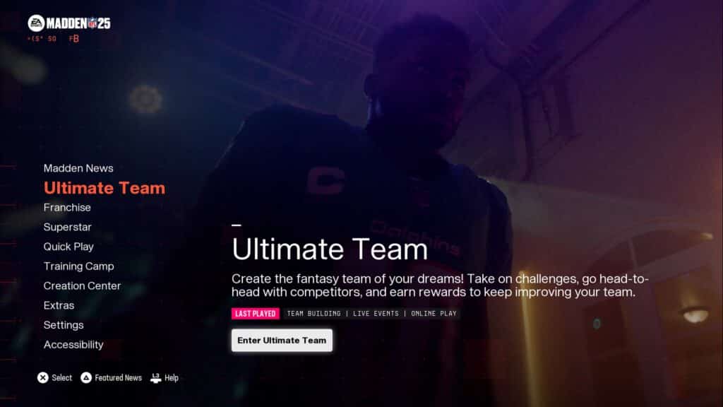 A video game menu for Madden NFL 25 with the "Ultimate Team" option highlighted and a shadowed football player in the background, creating a stunning visual.