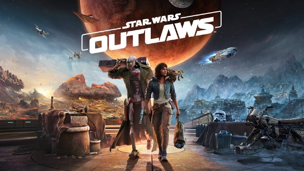 Star Wars Outlaws Game Banner - Two figures stand under the "Star Wars Outlaws" logo, framed by a stunning sci-fi landscape and a looming moon in the background.