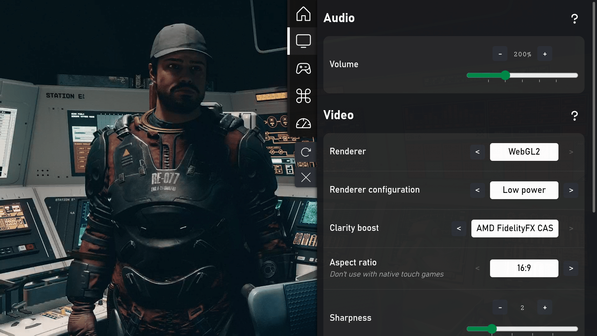 A person in futuristic armor stands in a control room next to an audio and video settings menu on a screen, showcasing Cloud Enhancement technology.