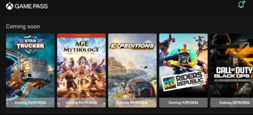 Xbox September Game Pass Games screen showing upcoming titles: "Star Trucker," "Age of Mythology," "Expeditions: A MudRunner Game," and "Riders Republic.