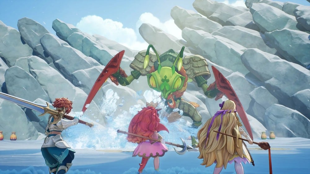 Three characters with weapons battle a large, green insect-like creature in an icy, mountainous environment, evoking vivid Visions of Mana.