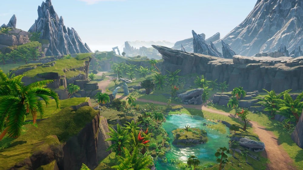 Game Capture of Environment - A lush, tropical landscape with rocky mountains, greenery, and a winding river under a clear blue sky evokes "visions of mana".