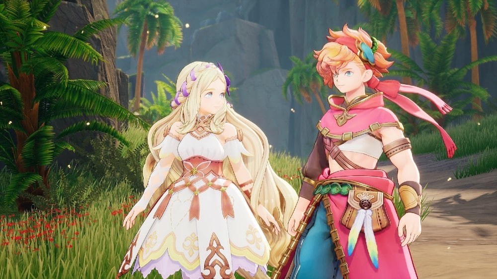 Visions of Mana Capture - Two characters, a blonde woman in a white dress and a red-haired man in armor, stand in a lush, tropical landscape, showcasing the enchanting world in "Visions of Mana.