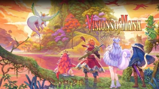 Visions of Mana Game Banner - Colorful fantasy scene with characters overlooking a breathtaking landscape and a flying creature; text reads "Visions of Mana," evoking an aura of mystical realms.