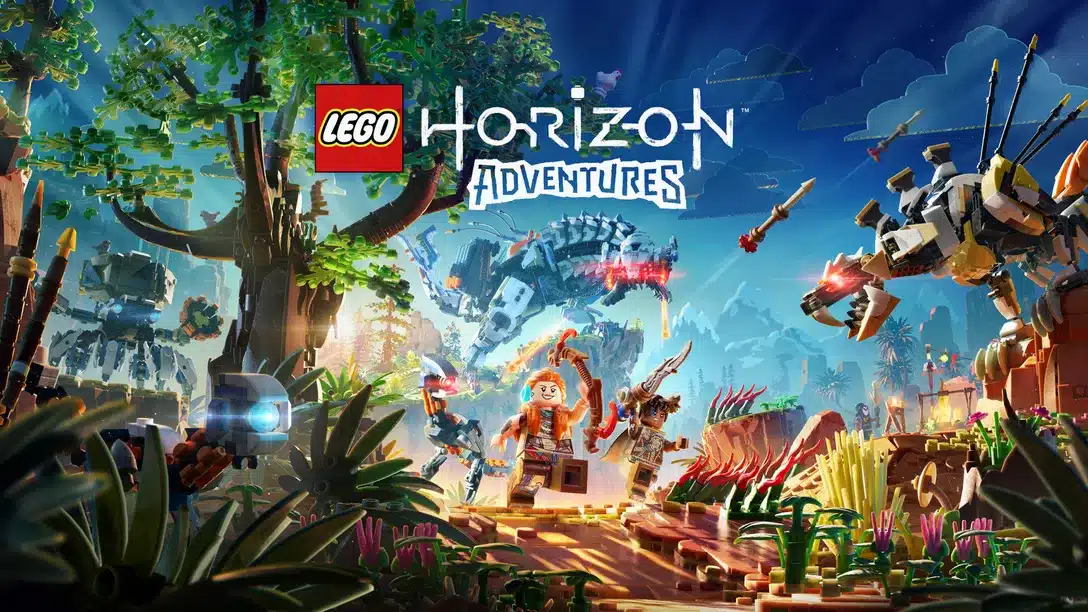 LEGO Horizon Adventures cover art depicting a jungle scene with adventurous characters and mechanical creatures.