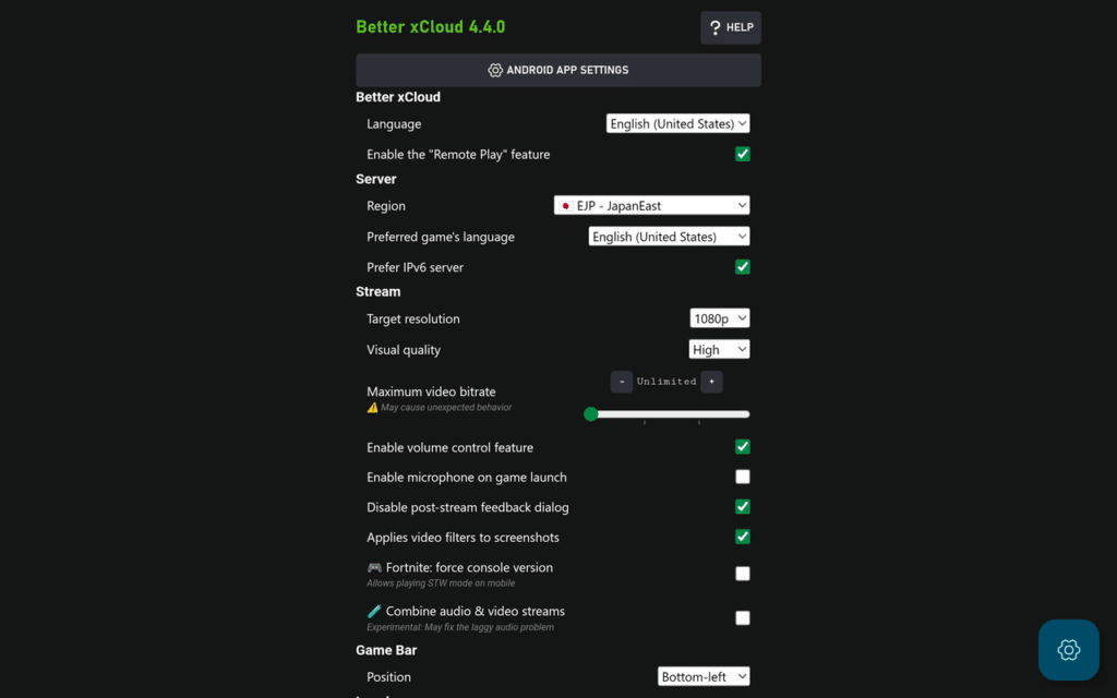 Discover the settings interface of Better xCloud 4.4.0, featuring Cloud Enhancement options for language, server, stream quality, and more.