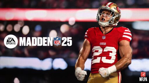 Football player in San Francisco 49ers uniform celebrating. Text reads "EA SPORTS MADDEN NFL 25." NFLPA logo present. Madden NFL 25 review.