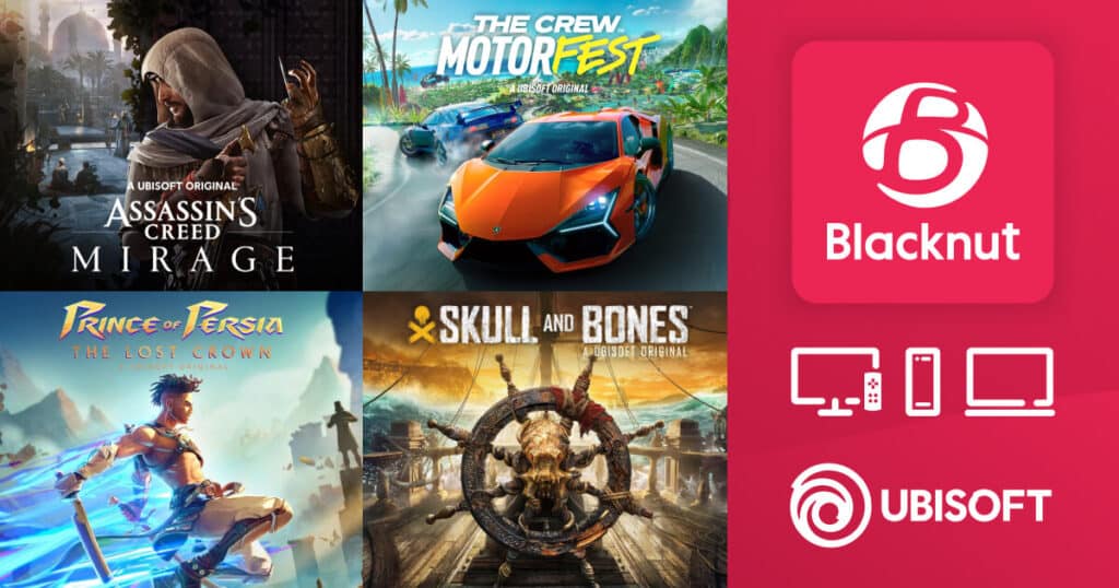 Collage of Ubisoft game covers: Assassin's Creed Mirage, The Crew Motorfest, Prince of Persia, and Skull and Bones with the Blacknut and Ubisoft logos - highlighting the latest partnership.