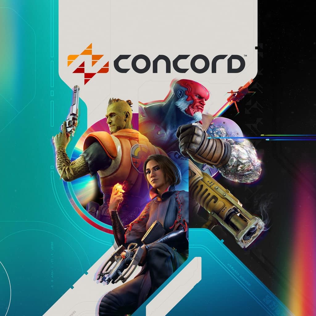 Three sci-fi characters with weapons from the now-defunct Concord game stand against a futuristic background, awash in bright colors and featuring the game's logo.