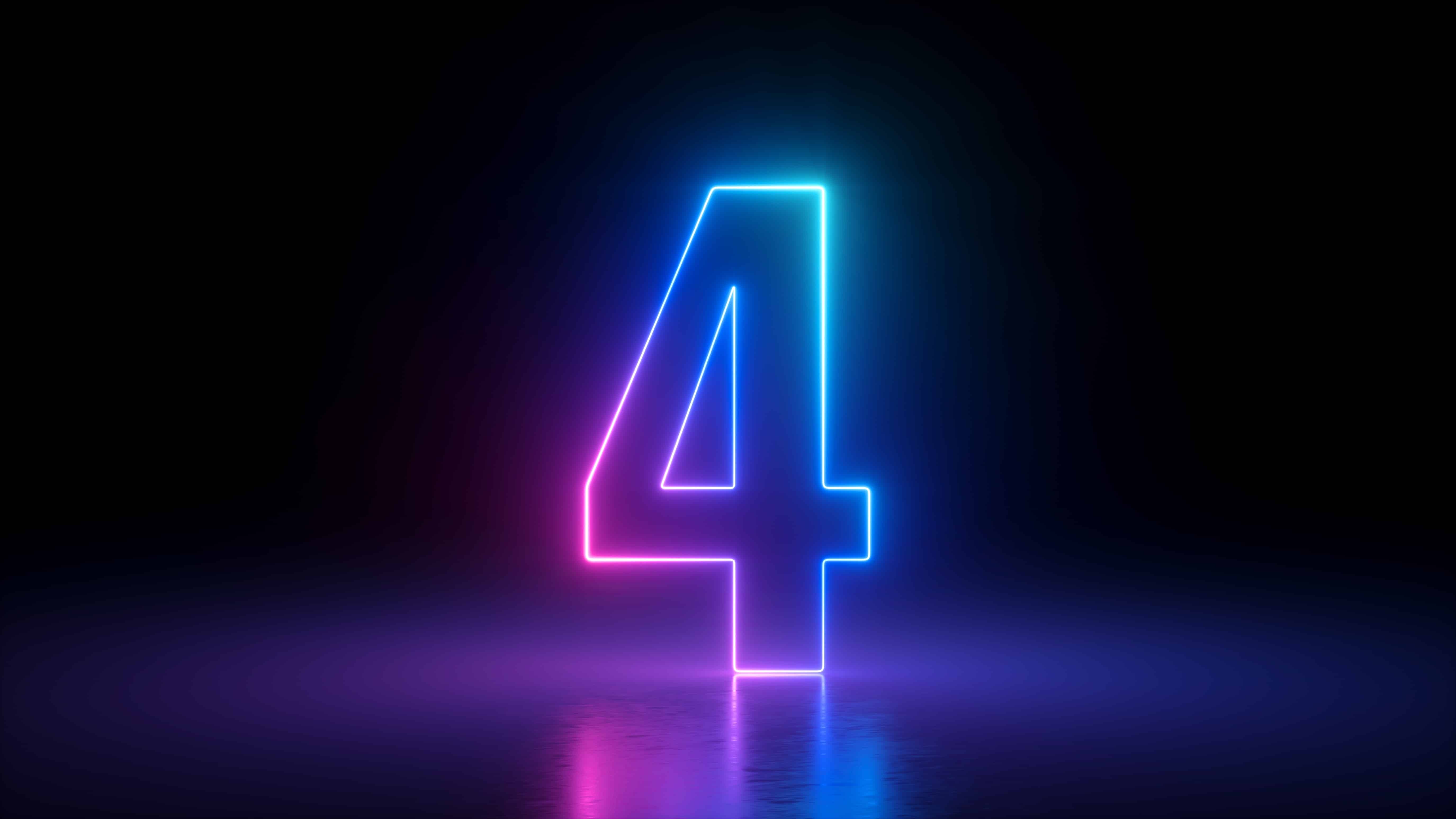 3d render, number four glowing in the dark, pink blue neon light