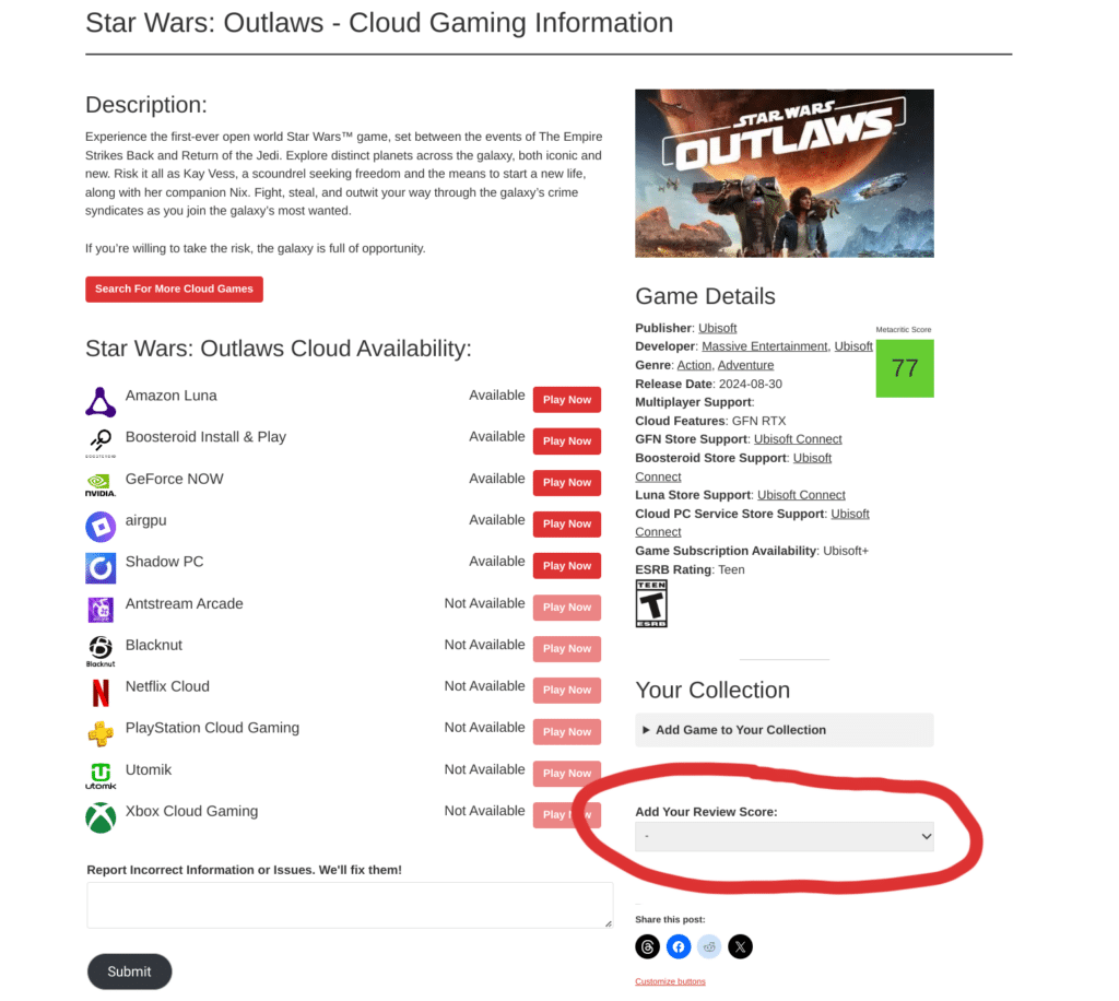 Cloud Games Catalog Add Your Review Score