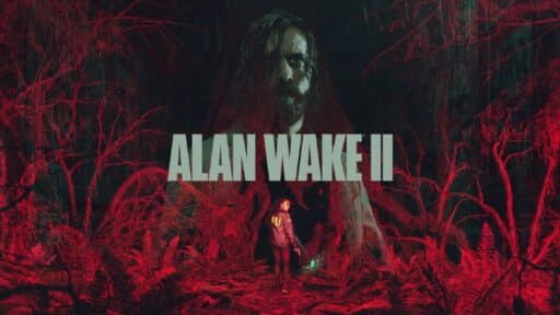 A person with a flashlight stands in a dark forest surrounded by red vines. A large ghostly figure looms above them, with the text Alan Wake 2 glowing ominously in the dark.