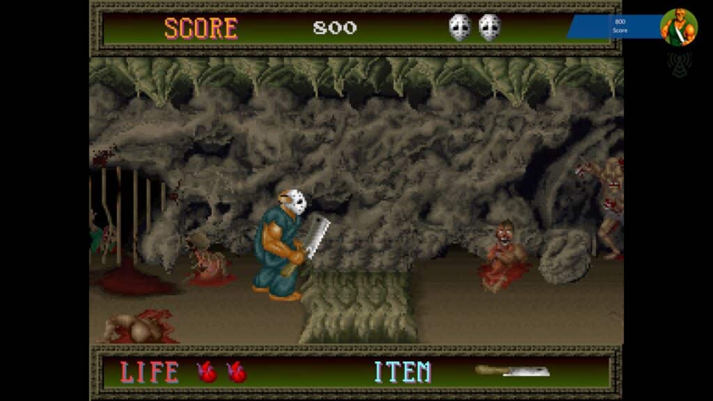 Antstream Arcade PS5 Review - A character in a mask wields a machete in a dark cave setting in this vintage video game, accessible on Antstream Arcade.